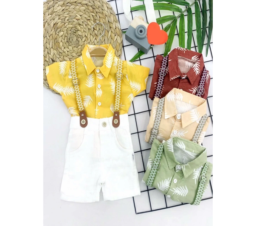 9-12-18-24 Ay Pamuk Keten Kumaş Hawai Gömlek Lastik Askılı 2li Erkek Bebek Takımı Bej