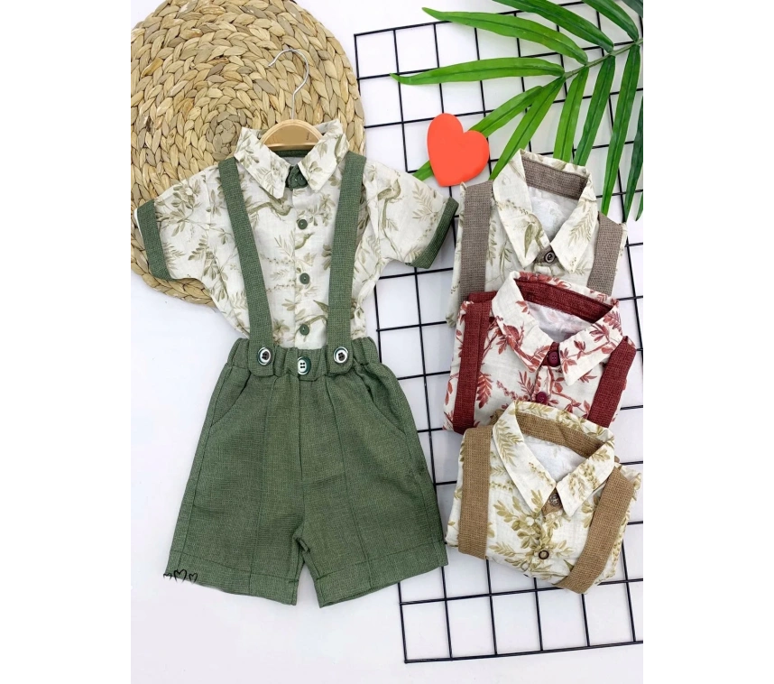 9-12-18-24 Ay Pamuklu Kumaş Keten Kısa Kol Gömlek 2li Erkek Bebek Salopet Takımı Kahverengi