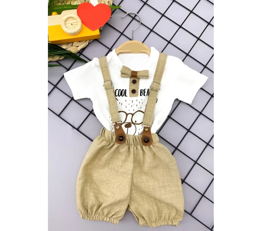 9-12-18-24 Ay Papyon Detaylı Keten Şort Salopet Tişörtlü 2li Erkek Bebek Takımı