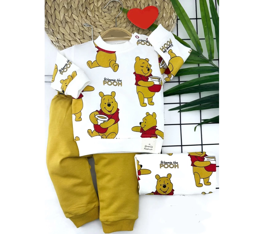 9-12-18-24 Ay Pooh Baskılı Yaka Çıtçıtlı Uzun Kollu Sweatli 2li Kız Erkek Bebek Takımı