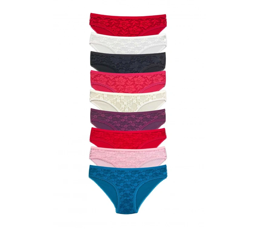 9 Adet Önü Dantelli Transparan Kadın Slip Külot S119