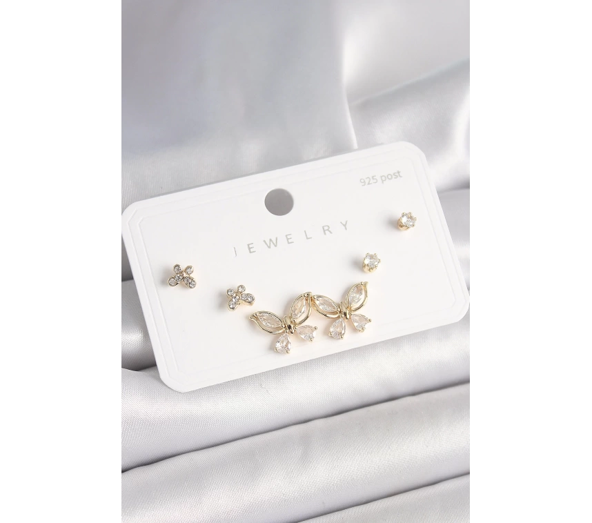 925 Ayar Çivi Gümüş Pirinç Gold Renk Zirkon Taşlı Kelebek Model Kadın Küpe Seti