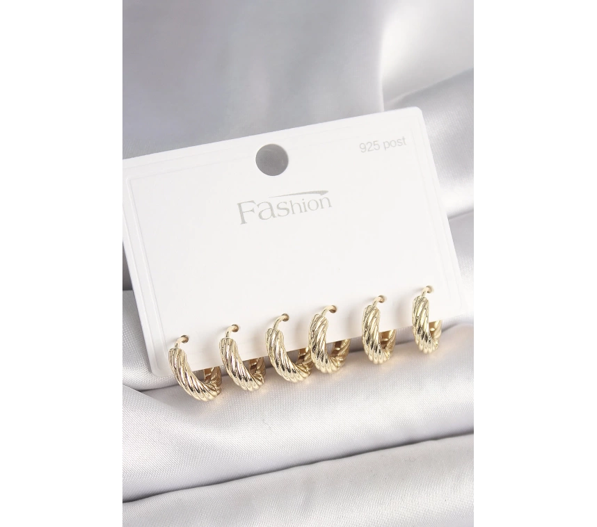 925 Ayar Gümüş Çivi Pirinç Gold Renk İşlemeli Halka Model Kadın Küpe Seti