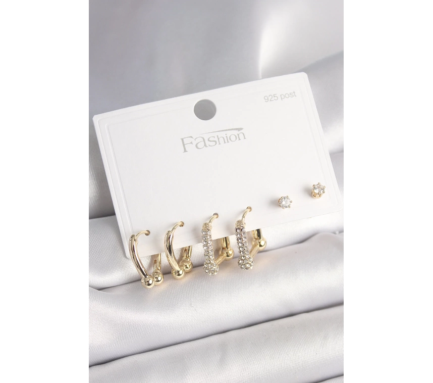 925 Ayar Gümüş Çivi Pirinç Gold Renk Tiffany Halka Model Kadın Küpe Seti