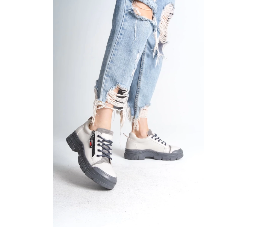 AGATHA Bağcıklı Fermuarlı Ortopedik Taban Kadın Sneaker Spor Ayakkabı GT - Krem