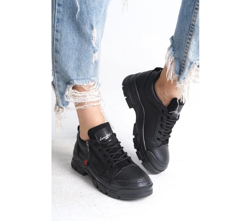 AGATHA Bağcıklı Fermuarlı Ortopedik Taban Kadın Sneaker Spor Ayakkabı ST - Siyah