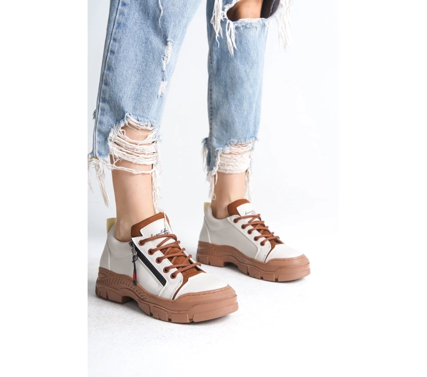 AGATHA Bağcıklı Fermuarlı Ortopedik Taban Kadın Sneaker Spor Ayakkabı  TT - Krem