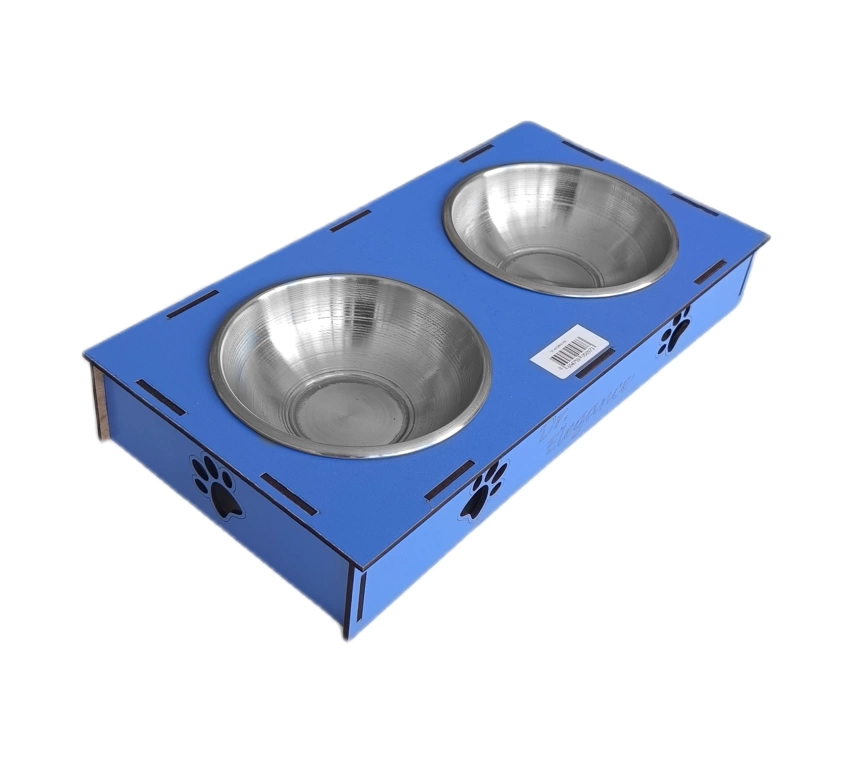 Ahşap Sehpalı İkili Devrilmez Kedi Köpek Su Ve Mama Kabı 34 cm - 300 ml Mavi