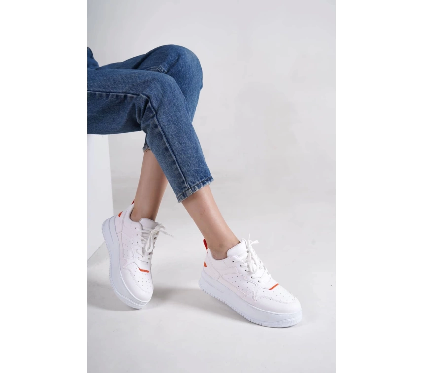 ALESSI Bağcıklı Ortopedik Taban Kadın Sneaker Spor Ayakkabı BT - Beyaz/Turuncu