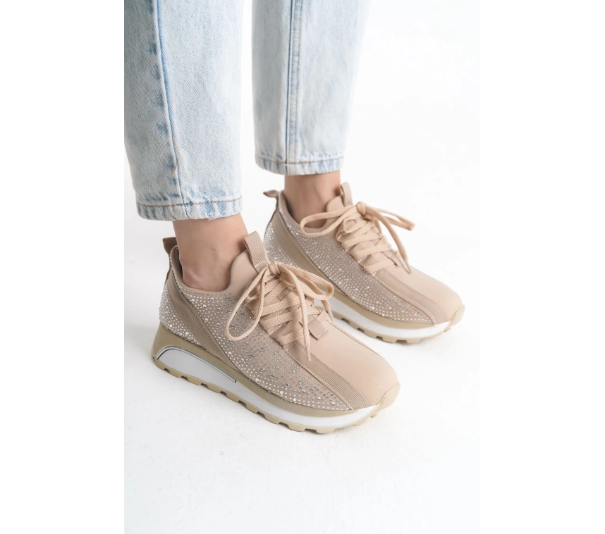 ALYA Bağcıklı Ortopedik Taban Taşlı Kadın Sneaker Spor Ayakkabı BT - Krem
