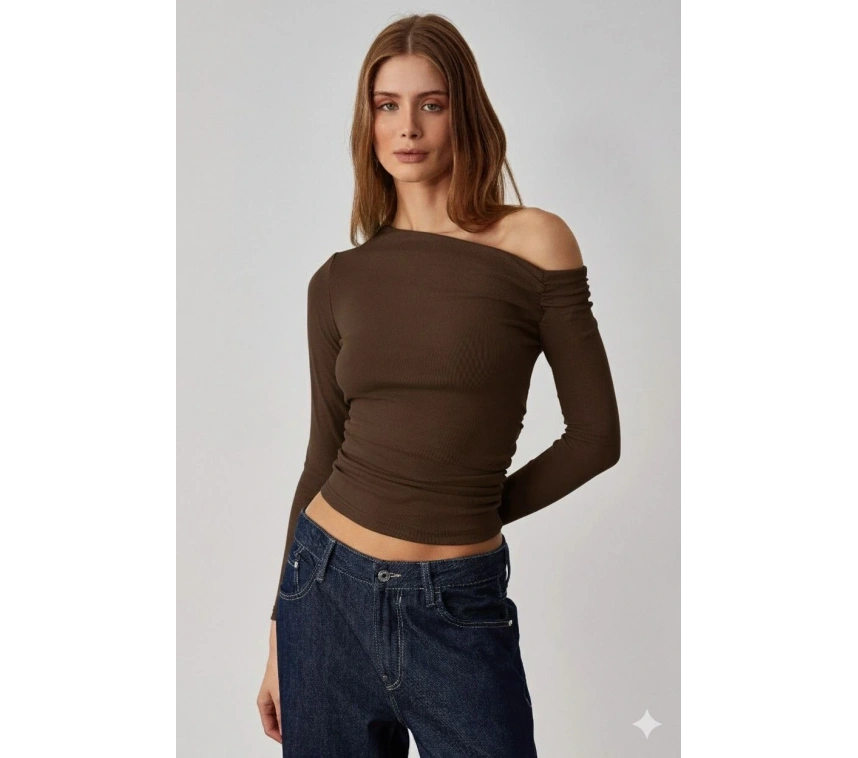 Asimetrik yaka bluz kahve pt
