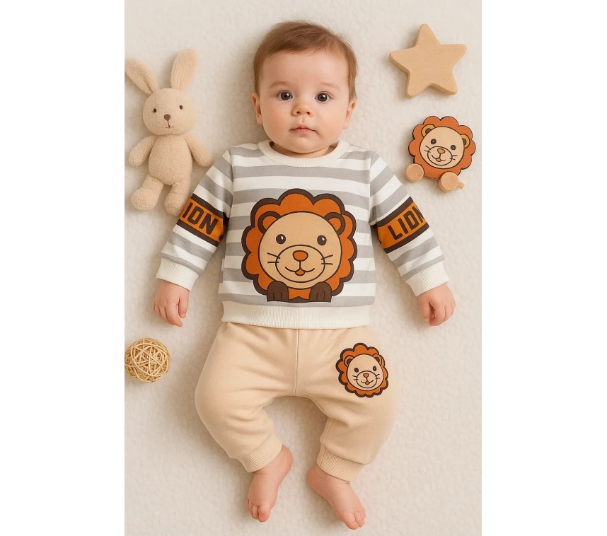 Aslan Desenli 2li % 100 Pamuk Erkek Bebek Takımı