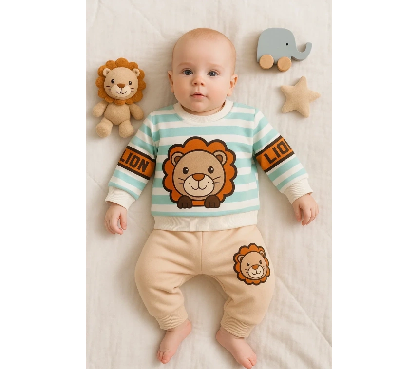 Aslan Desenli 2li % 100 Pamuk Erkek Bebek Takımı