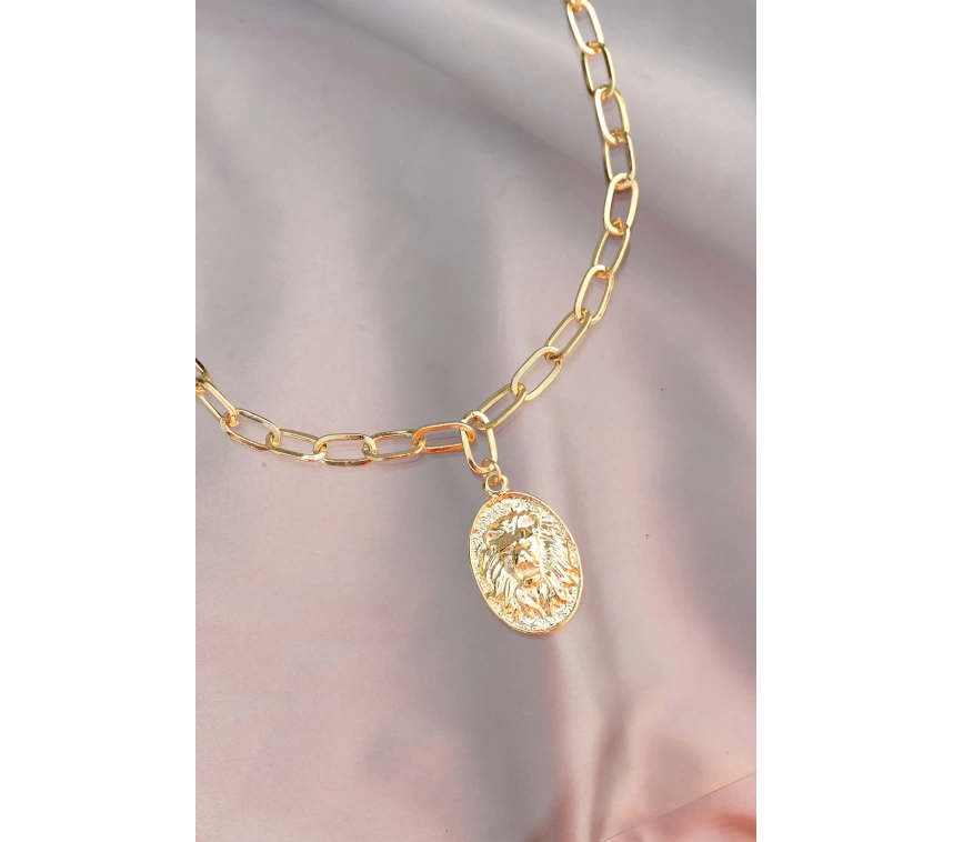 Aslan Figürlü Gold Metal Zincirli Kadın Kolye