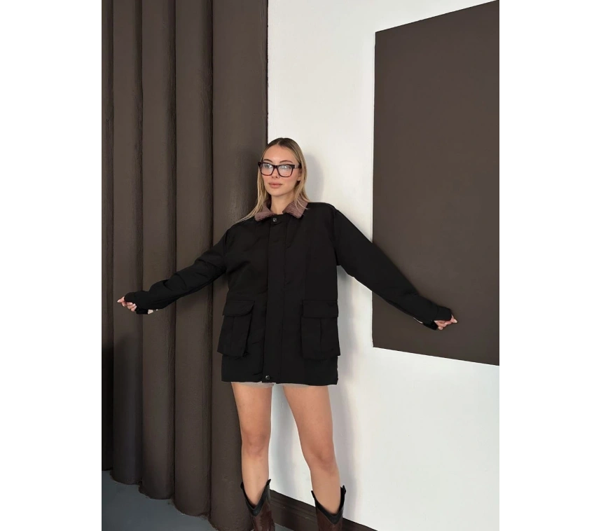 Astarlı yaka detaylı artos ceket siyah st2651019