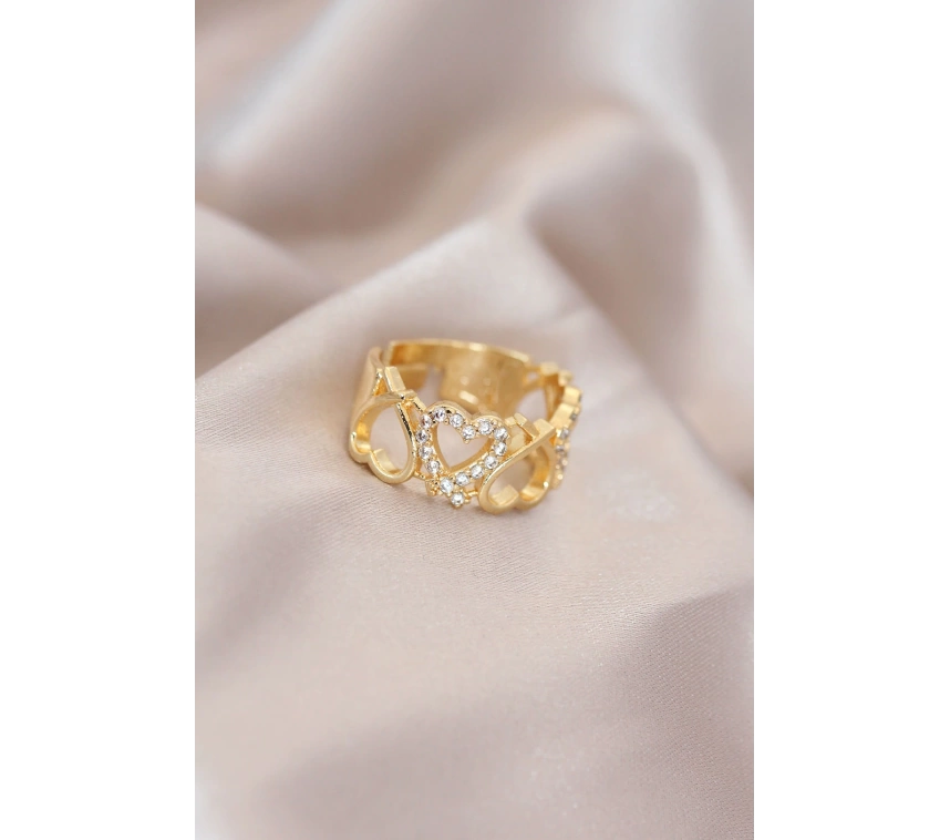 Ayarlamalı Gold Renk Metal Zirkon Taşlı Kalp Model Yüzük