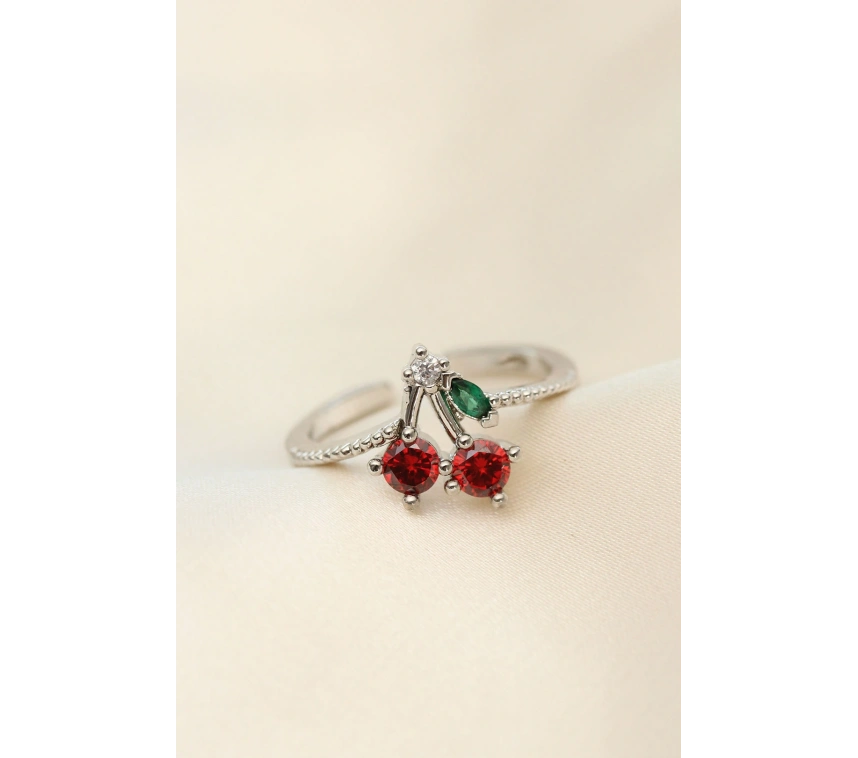 Ayarlamalı Gümüş Renk Kristal Taşlı Kiraz Yüzük