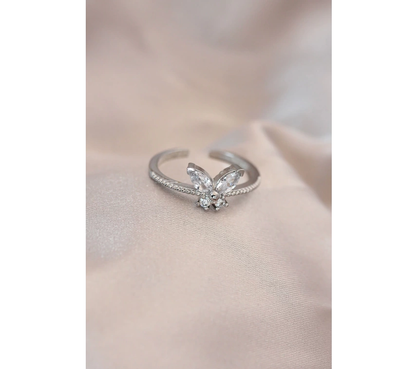 Ayarlamalı Gümüş Renk Metal Zirkon Taş ve Kristal Taşlı Kelebek Model Yüzük