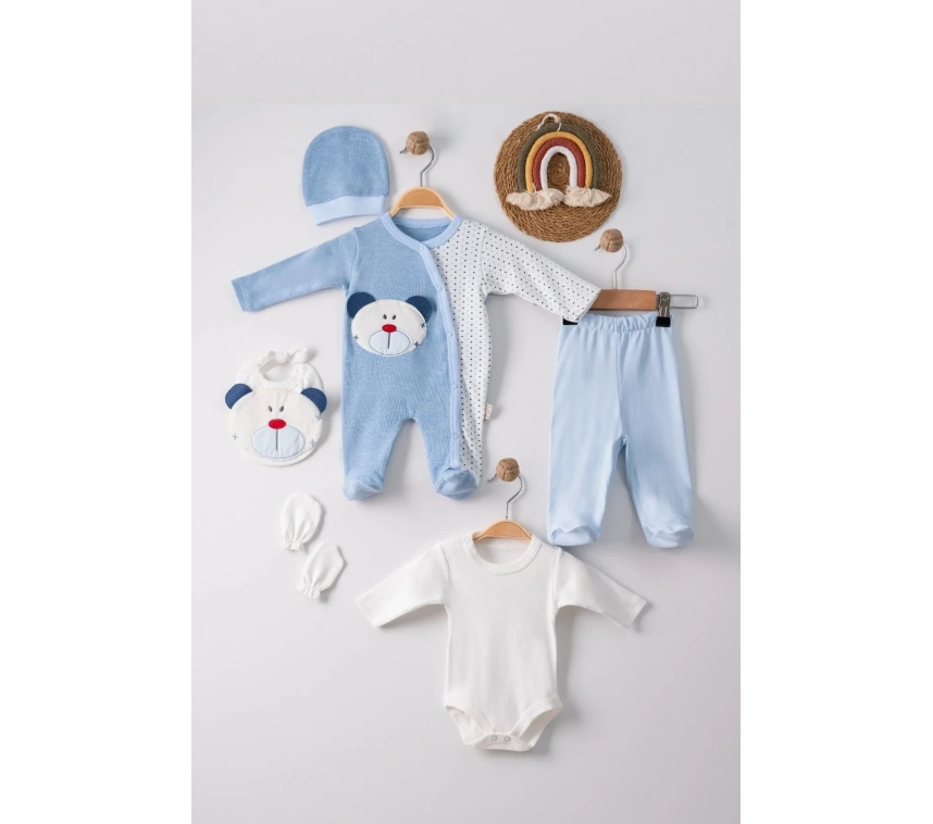 Ayıcık Nakışlı Tulumlu % 100 Pamuk Erkek Bebek 5li Set