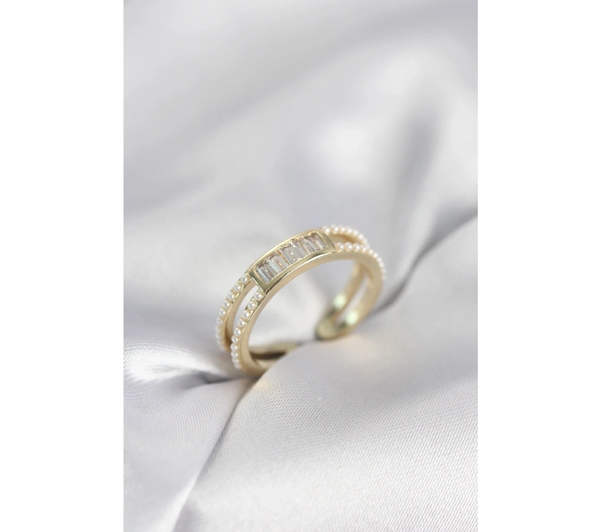Baget Zirkon Taşlı Gold Renk İncili Kadın Yüzük