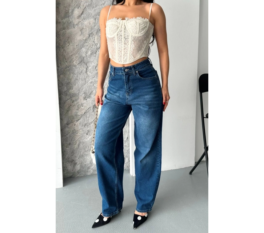 Baggy süper taş bıyık yıkama koyu mavi jeans pantolon