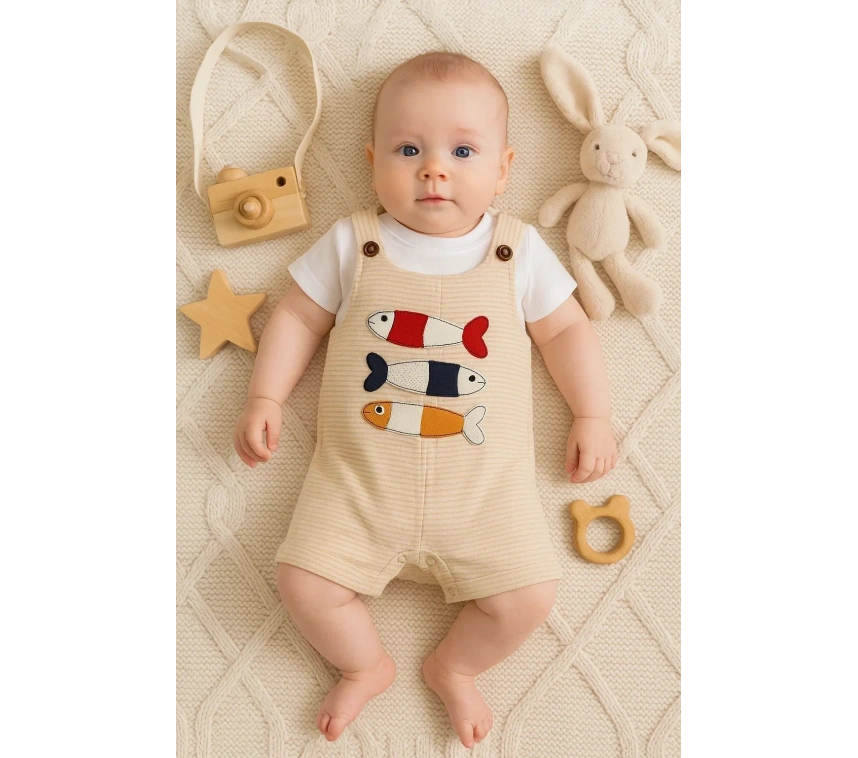 Balık Nakışlı Kısa Kollu Erkek Bebek Tulumu