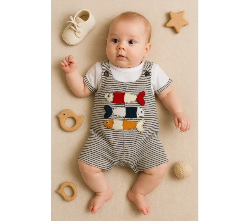 Balık Nakışlı Kısa Kollu Erkek Bebek Tulumu