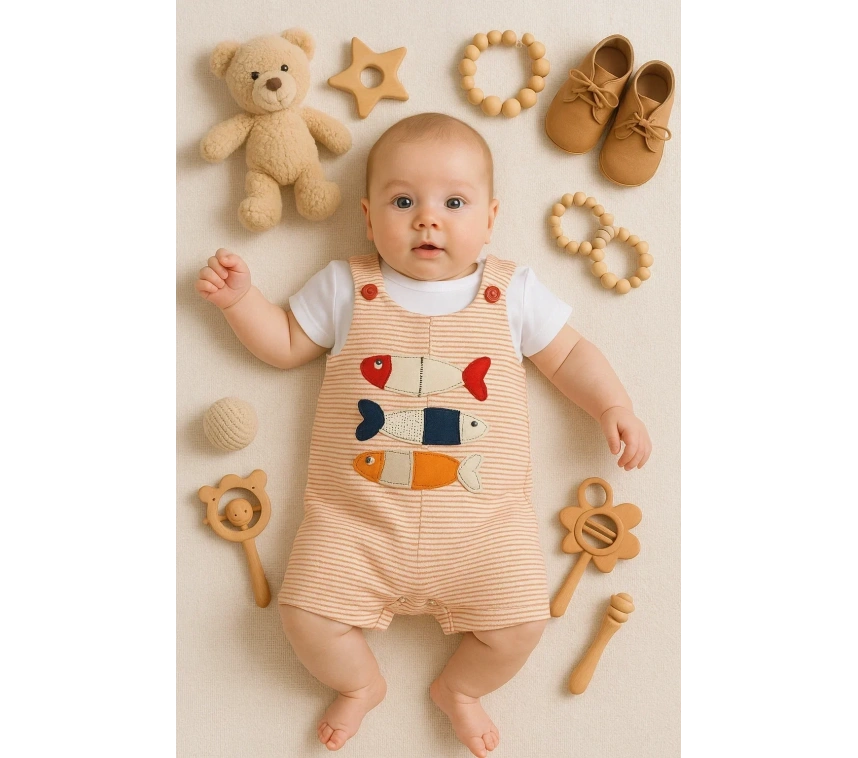 Balık Nakışlı Kısa Kollu Erkek Bebek Tulumu