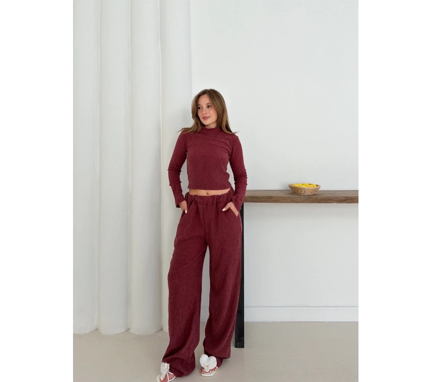 Balıkçı yaka örme takım bordo st265865