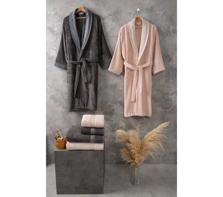 Bambu Bornoz Seti Flame Gris Peach