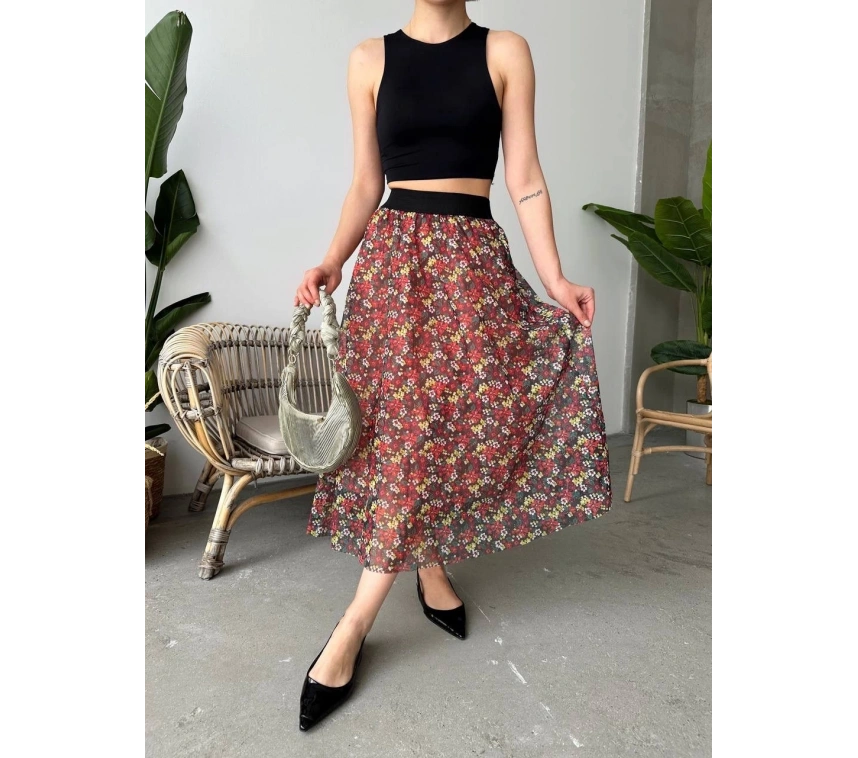 Baskılı astarlı uzun etek