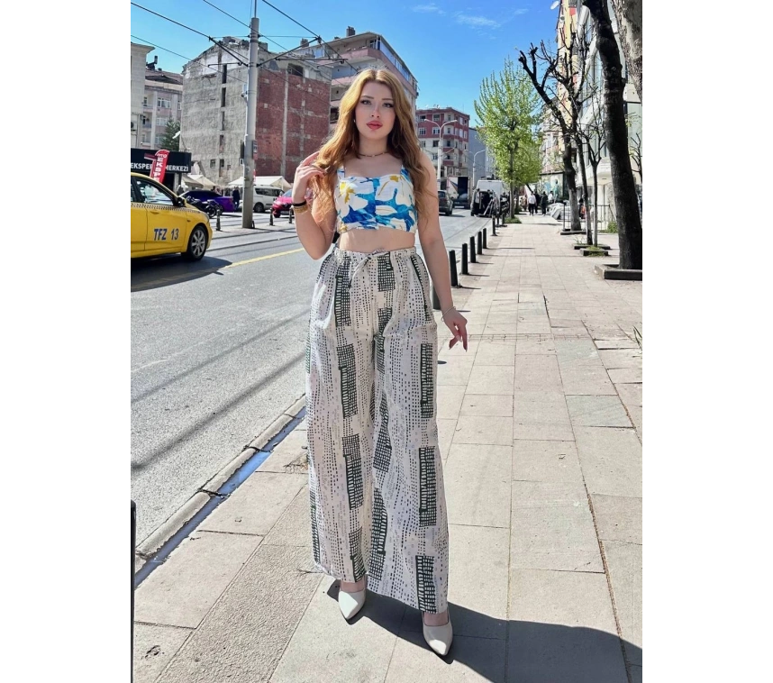 Baskılı Bağcıklı keten pantolon krem