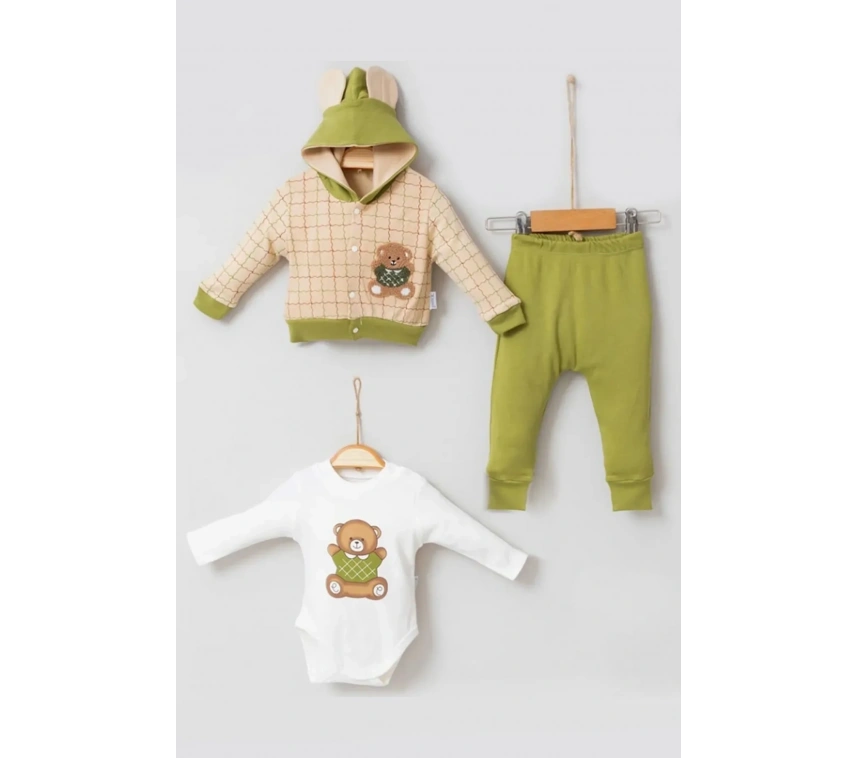 Bear Çizgili % 100 Pamuk Hırkalı 3lü Bebek Takımı
