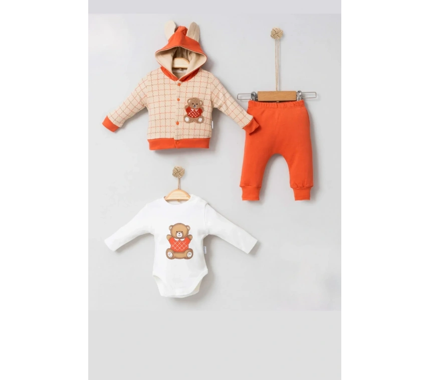 Bear Çizgili % 100 Pamuk Hırkalı 3lü Bebek Takımı