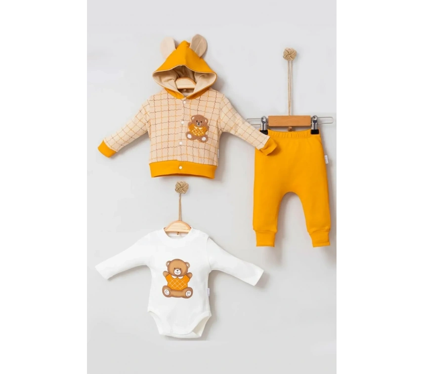 Bear Çizgili % 100 Pamuk Hırkalı 3lü Bebek Takımı