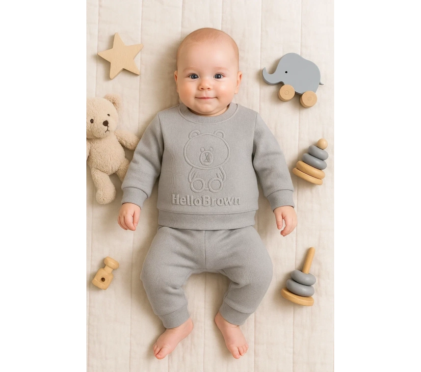 Bear Gofre Kabartmalı 2li Erkek Bebek Takımı