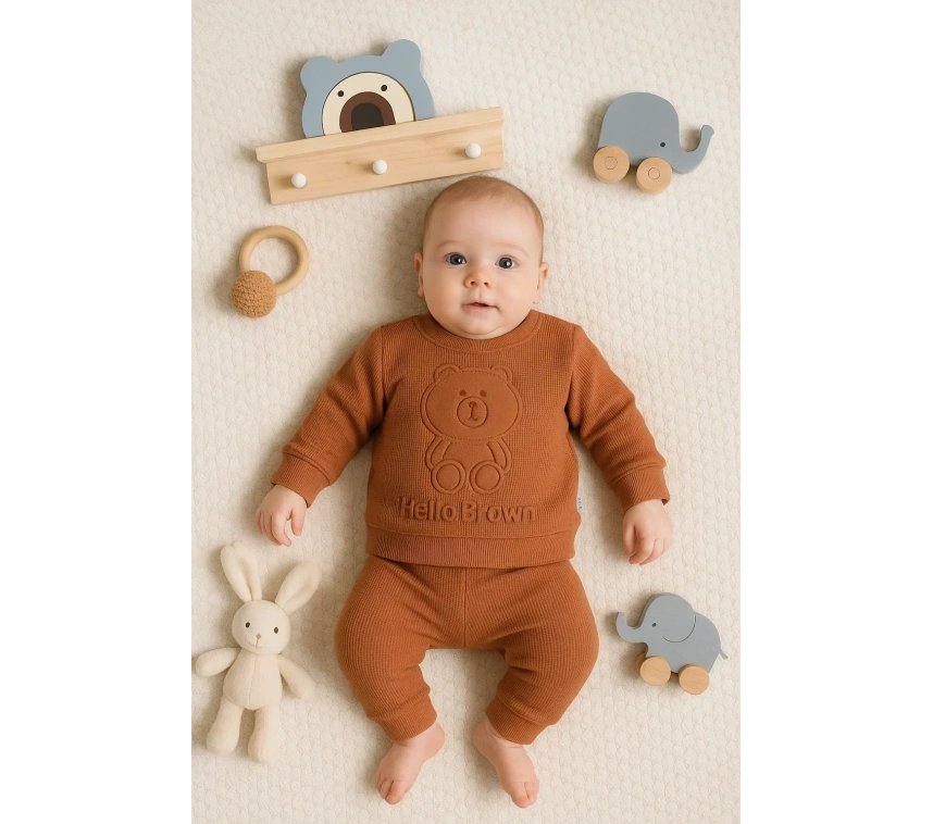 Bear Gofre Kabartmalı 2li Erkek Bebek Takımı