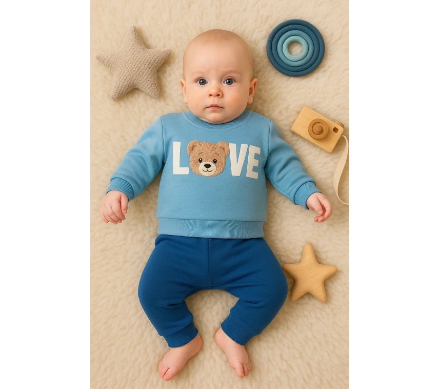 Bear Love Nakışlı % 100 Pamuklu 2li Erkek Takım