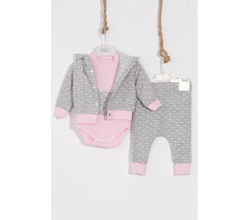 Bear Nakışlı Puanlı Pamuklu 2li Kız Bebek Takımı