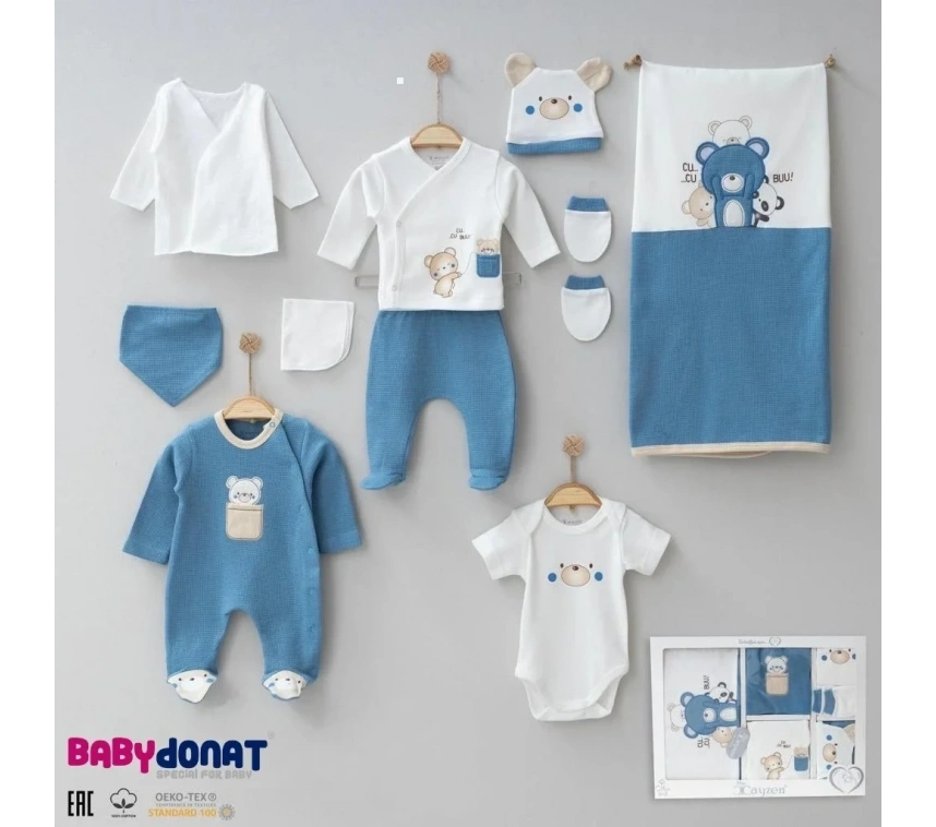 Bebek Waffle Ayıcık Desenli 10lu Kutulu Hastane Çıkışı Seti Kutulu