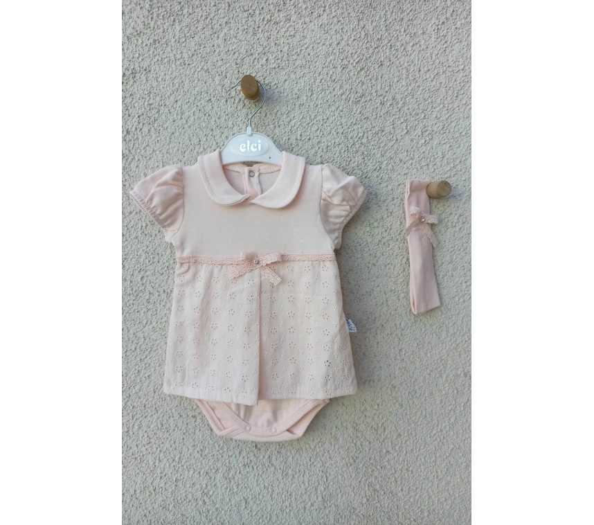 Bebek Yakalı Çiçek Işlemeli Bandanalı Badi 3-6-9 Ay