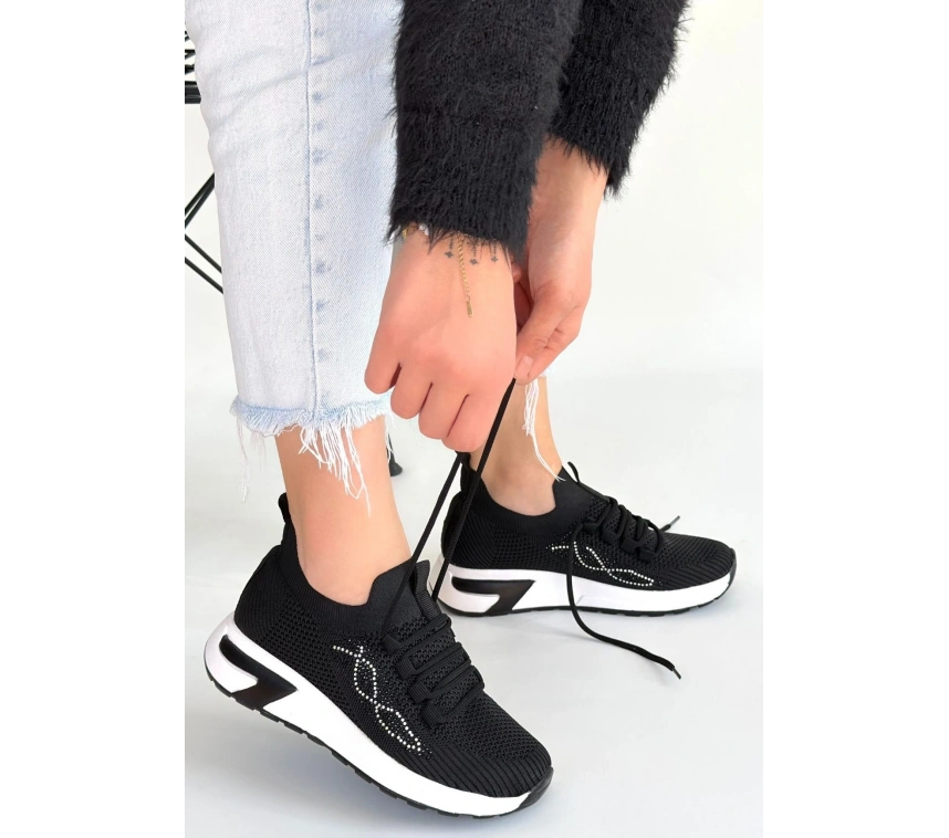 Belan Siyah Triko Bağcıklı Spor Ayakkabı