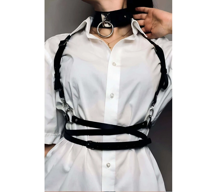 Belden Ayarlı Bağlamalı Deri Korse Kemer Ve Choker Tasma Takım - Brf644