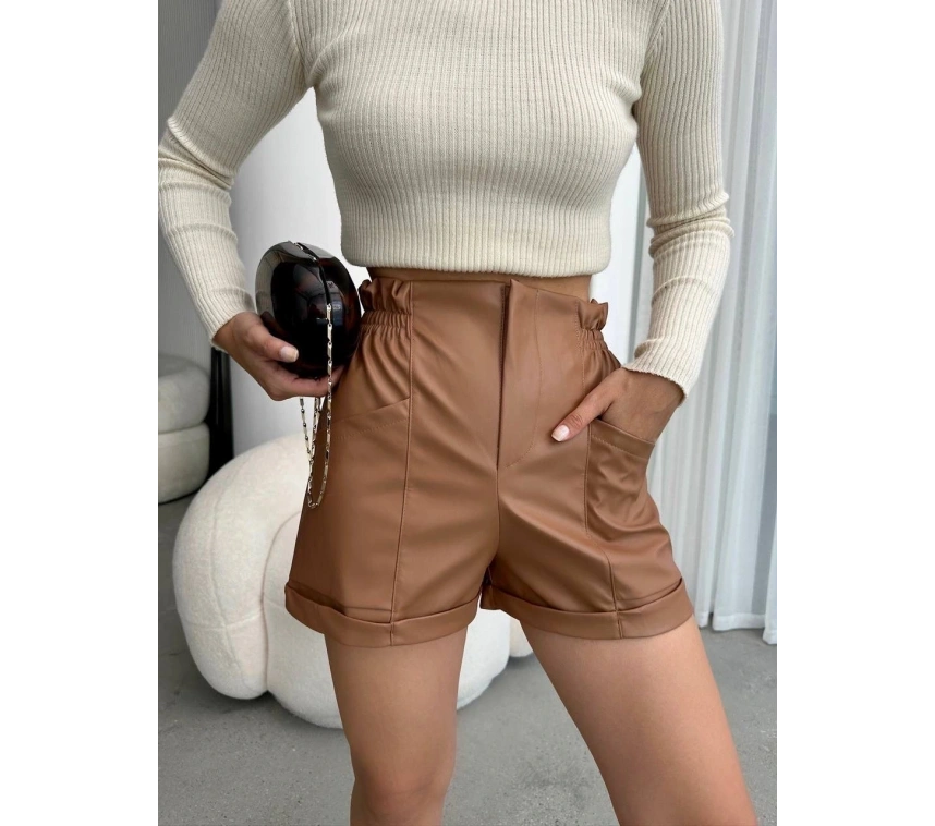 Beli lastikli deri şort kahve H24605