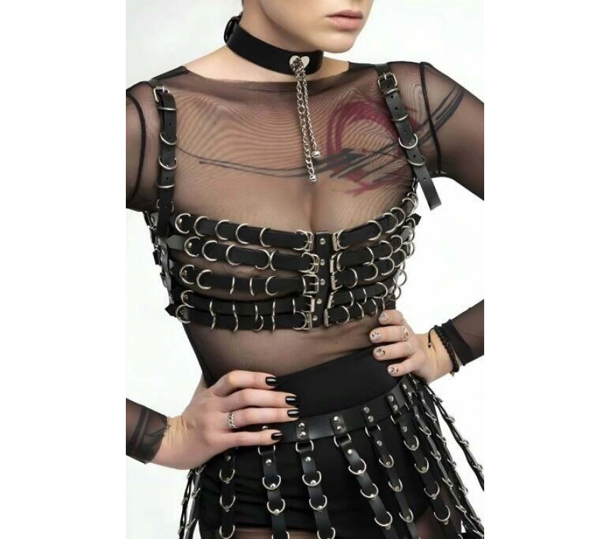 Beşli Göğüs Bağlamalı Ve Etek Deri Harness - Brf891