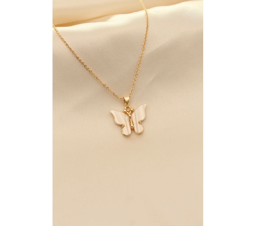 Beyaz Sedefli Kelebek Figürlü Kadın Kolye