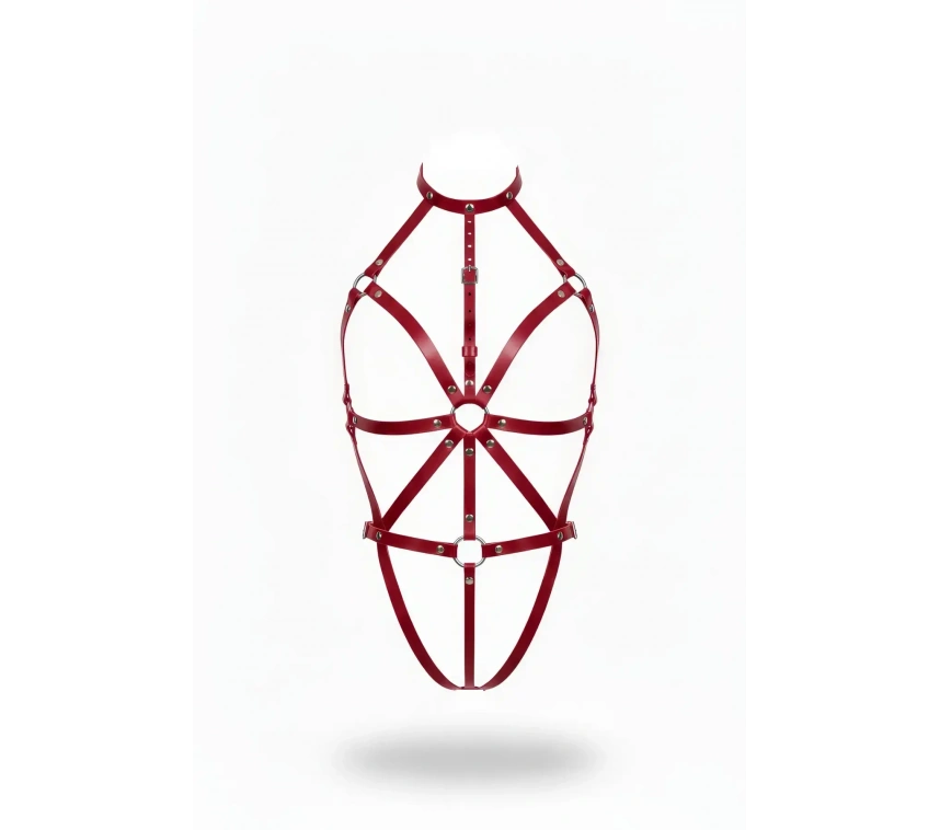 Bordo Body Harness Deri Yüksek Yaka O-halkalı Vücut Aksesuarı - Brf243