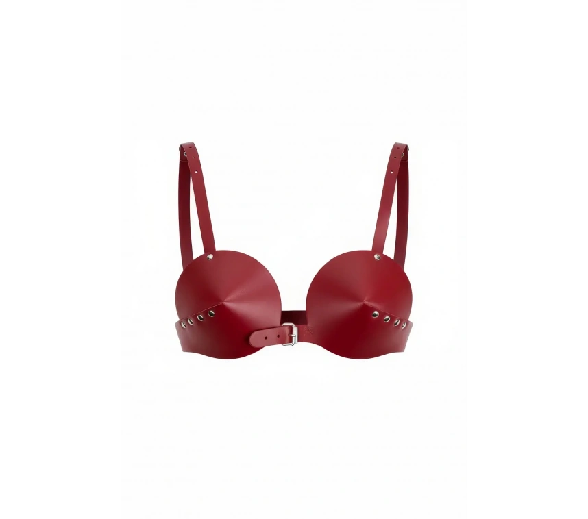 Bordo Göğüs Harness Konik Kaplı Deri Büstiyer - Brf250