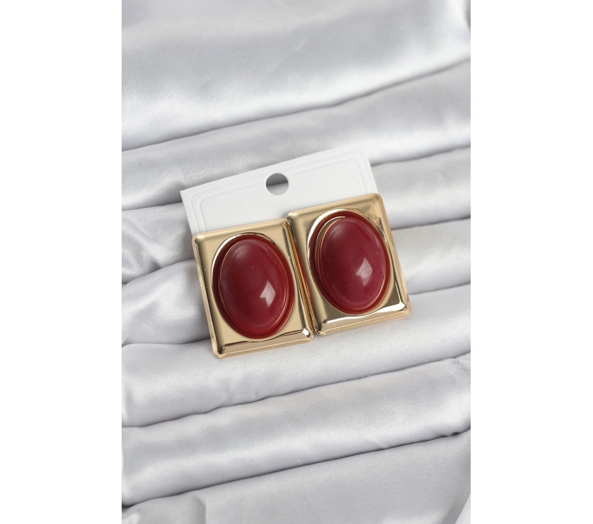 Bordo Kare Model Vintage Gold Renk Kadın Küpe