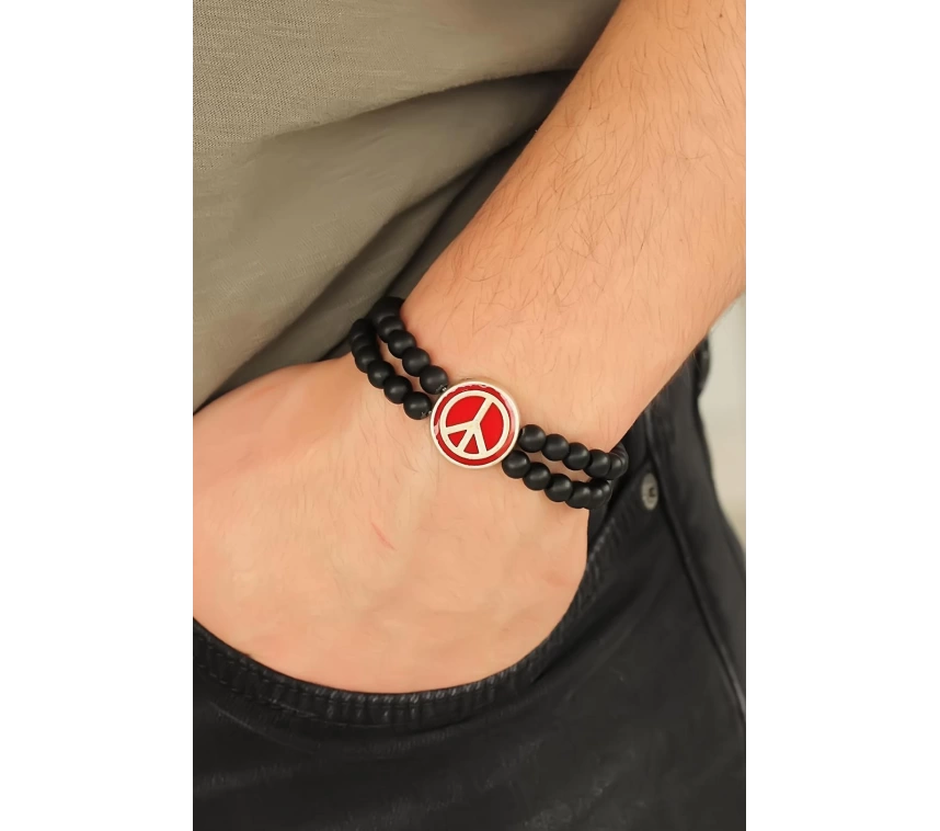 Bordo Renk  Renk Metal Barış Simgesi Tasarımlı Siyah Renk Mat Oniks Doğal Taş Erkek Bileklik